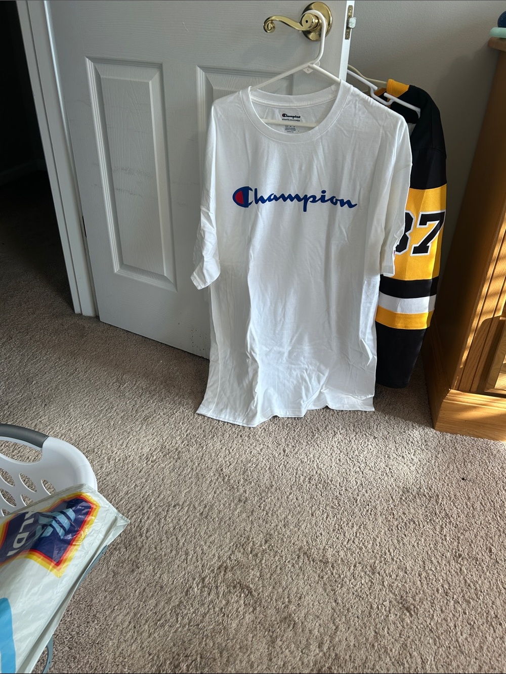 Champion White Short Sleeve Logo Tee with Blue and Red Accents